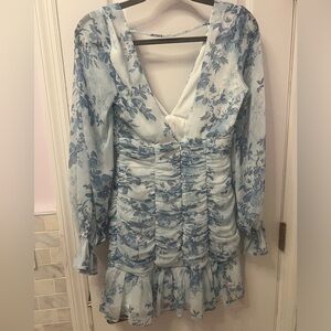 ASOS Bodycon Ruched Long Sleeve Mini Dress Blue Floral